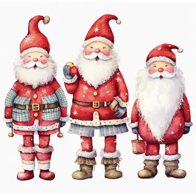 spaced apart, seperate, 4 x single, Highly detailed, christmas santa themed Doll, individually spaced, seperate, apart, watercolour clipart, vibrant colours, vibrant design, with white background, individually spaced, seperate, apart, Cut out doll used in Cardmaking, Mixed Media Crafts, as a character sheet, on a white background in the style of Marker drawing by Jasmine Becket - Griffith