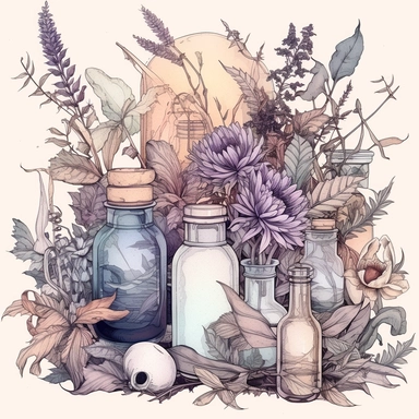 Pastel spooky witches herbs and botanicals clipart image, in the style of mystic mechanisms, subtle pastel tones, pencil art illustrations, soft pastel tones, reimagined by industrial light and magic, litho printing, illusory images, watercolor clipart
