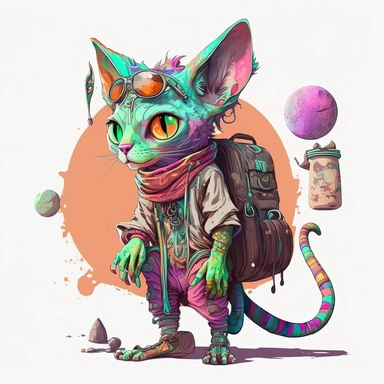 Illustration in boho style, clipart, sublimation drawing Alien with a cat's head and a mouse's body. Bright colorful colors. White empty background, high quality 8k, quality detail