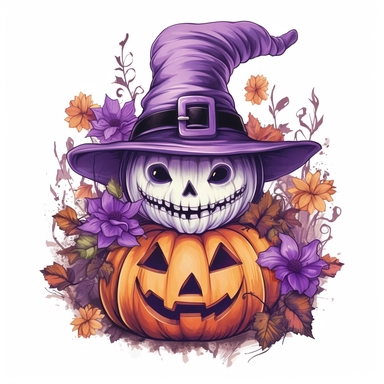 Spooky Cute halloween sublimation, Purple color Clipart, below are some flowers, and the head is cap, isolated on a white background,high quality design and Summons will be a pumkin