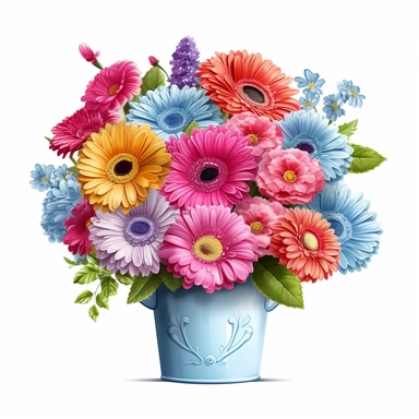 a bouquet of an assortment of colored Gerbera Daisy in the style of clip art with a 90's theme to it, in a blue pot, with very sharp and bright colored flowers, on a white background