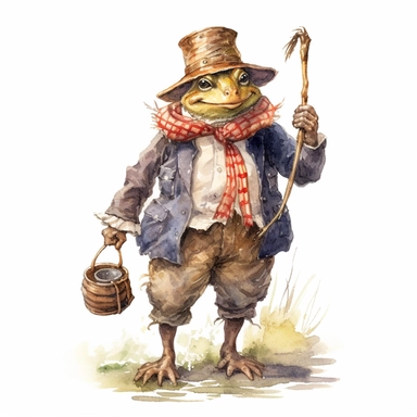 watercolor fairytale frog clipart, dressed as a farmer, where the intricate details and farm-inspired attire capture the essence of rural life, inviting imaginative tales and creative exploration, 8k, fantasy style, white background