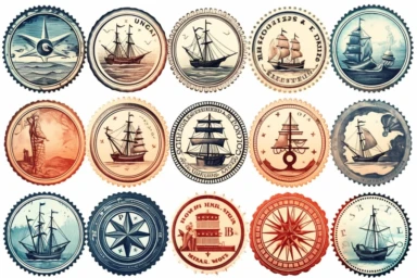 set of nautical themed stamps clipart, isolated on white background
