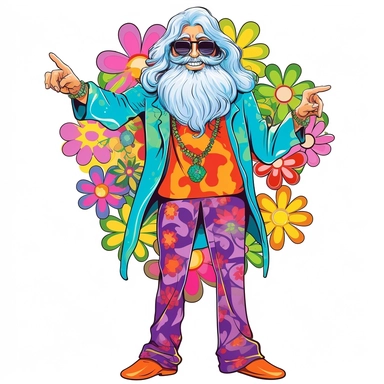 Groovy hippie 60s grandpa, Funny cartoon flower power clipart white background
