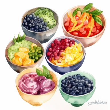 watercolor clipart of a collection of various nutritious healthy bowls, presented in a flatlay style with a top-side view on a clean white background. Each bowl should be filled with a visually appealing arrangement of nutritious ingredients, showcasing their vibrant colors and textures. Ensure that the bowls are not overlapping or interacting with each other, maintaining a clear separation between them. Capture the details of each ingredient with delicate watercolor strokes, emphasizing their f