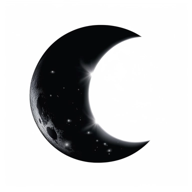 An illustration of a black glowing beautiful half moon against white background, outerglow, innerglow, fairytail style, white background, clipart, PNG pure white background, high resolution, best quality