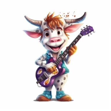 cute Cow character wearing rock music clothes and music element with happy face,front facing on isolated background,with happy face and expression,Animal Sublimation Clipart,no splash watercolor,white background, ultra detailed clipart, cut out image, colorful watercolor realistic, cartoon style, ultra HD, sharp and clean art