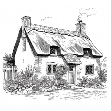 An irish cottage clip art, on a white background, coloring book page