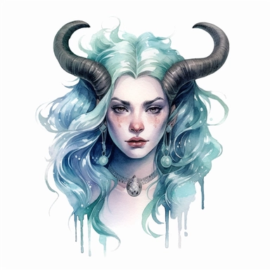 capricorn zodiac sign, straight horns, goddess women, realistic watercolor style art, clipart, zodiac sign, epic, mystic, white background, detailed, 8k
