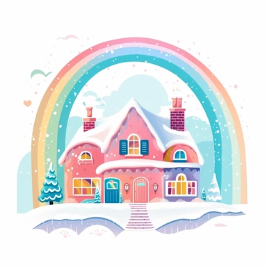 vector-style clipart, in the style of cottagecore, pastel rainbow Christmas cottage with snow, twinkle lights, flat image, white background, — seed 1834781924