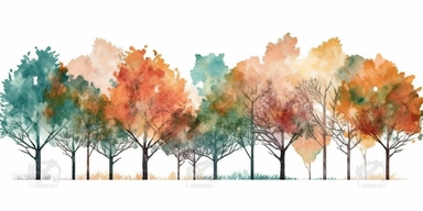 a deco border of trees, clipart on white back ground, fall pastel watercolor