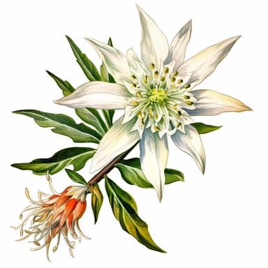 edelweiss flower , Beautiful Watercolor Art, Charming, Isolated on White Background Floating on White Background, Crispy Details, Watercolor, High Resolution, High Quality Art, Clear, Vibrant, Rich Colors, Sharp, Vivid Details, 300 dpi, Clipart