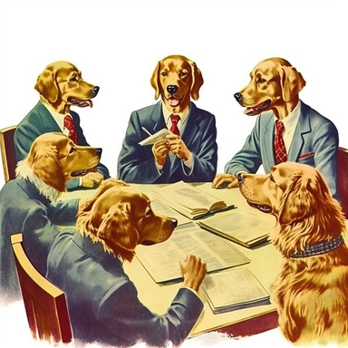 very cute vintage 1950s illustration: Isolated on white background for removing background, Golden Retriever Business Team: Create or find clipart of a group of Golden Retrievers in business attire, collaborating in a meeting or brainstorming session. high detail.