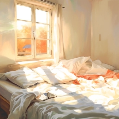 The morning sunlight shines into the window, and there is a bed in the room with oil paintings, White background, Clip Art Style