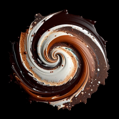 a spiral galaxy seen from above, made of milk, melted chocolate, white chocolate and cappuccino, clipart, black background