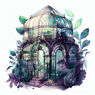 on a white background for a clipart realistic and detailed whimsical deep and bright color watercolor and black ink illustration in the 2d anime style. a glass greenhouse in art deco style overgrown with magic and fragrant vegetation, magical details and mystical atmosphere. plants are everywhere