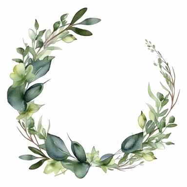 modern circular frame with greenery for wedding invitation, watercolor clipart, minimalist, isolated white background, 8k