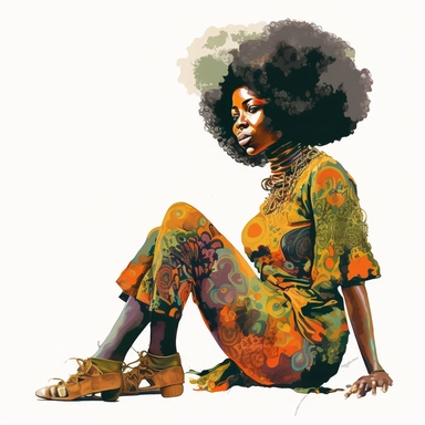 60s, funk, african woman, Kneeling, full body, art nouveau, afro bob hair, water colour painting, clipart, white background
