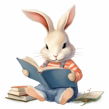 Cute rabbit wear orange shirt read a story book to shirtless white cute bunny clipart,smile expression, they sit side by side pose, side view, in the style of watercolor cartoon clipart, beatrix potter style,pixar style, high resolution, composition free space, pastel color scheme, soft and tender, watercolour clipart, watercolor illlustration for kids and children,isolated white background, clipart most popular on etsy, book illustration, featured on dribble,print on demand image, PNG tranparen