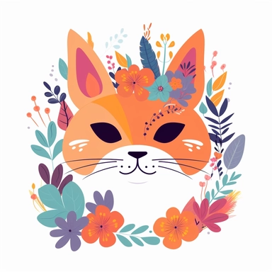 cartoon style cat, bright colored boho style flowers, silhouette vector flat simple identification symbol white backround white background minimalistic clipart png svg