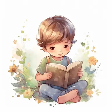 cute little boy reading a book, folk art, watercolor, clipart elements, kawaii, white background