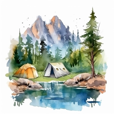 watercolor clipart of mountain, river, waterfall scenery with camping tents along the banks