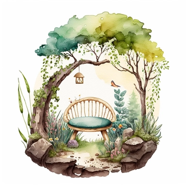 watercolor whimsical Forest nook corner Clipart, spring woodlands, with seating and rocks, white background, no text