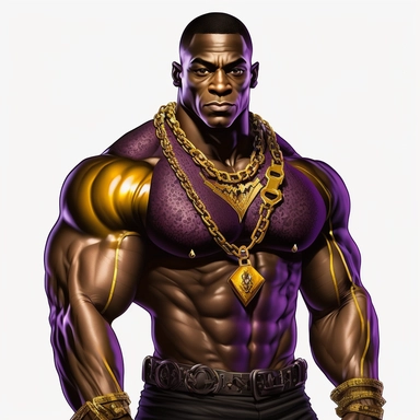 clipart image, logo, African American, bodybuilder, gold necklace, purple and gold gym suit
