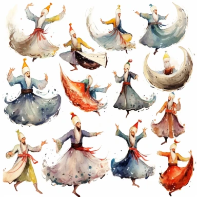 Watercolor Turkish fMevlana museum ., illustrations clipart set, simple, , cartoon elements, different variants , swirling dervishes, different poses , separate elements with a margin