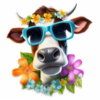 A cow wearing sunglasses and a Hawaiian lei, enjoying a tropical vacation clipart