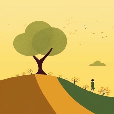 create a basic illustration clipart, super minimalist, very basic colours, with the silhouette of a woman climbing a large and thought mountain, a beautiful small tree at the top of the mountain representing success that the lady is looking for, motivational image, with very basic forms, basic and light yellow, brown and green shades, with very tiny flowers on the road of the small lady is walking towards the top.