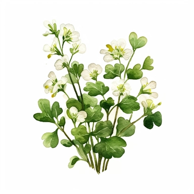A design showing a flowering watercress plant, with its small, white flowers clipart, white background, watercolor sophisticated drawing