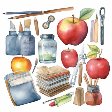 watercolour clipart of a class teacher stuff, teacher objects and elements, full length, high quality, very high details , white background