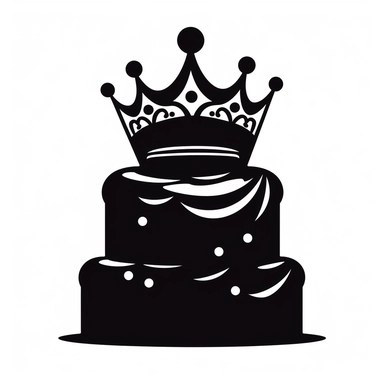 birthday cake with princess crown on, it decal simple cutout clipart, black silhouette,