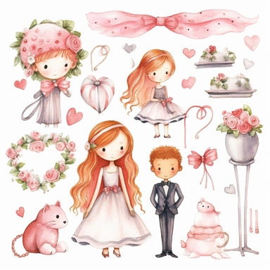 Wedding rings tied with a ribbon, cute kawaii wedding illustrations clipart set, ILLUSTRATIONS FOR THE BOOK, cartoon elements, different variants, girl with long hair in a wedding veil, wedding, husband and wife Love, Hearts balloons, veil, garland, wooden elements, sit on a bench, on the car, white transparent background separate elements with a margin Watercolor