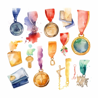 watercolor illustration of Academic medals, school clipart, studenti life style, clipart, watercolor clipart, watercolor splashes, illustration, artsy, white background