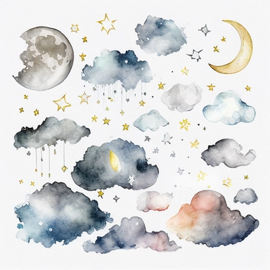 clouds, moon,stars, watercolor,all white background, clipart