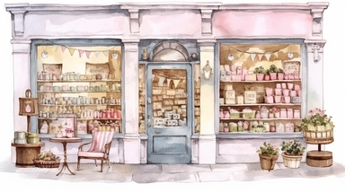 watercolour illustration, light pastel pale pink background, Grocery shop interior color graphic sketch illustration vector clipart, sublimation graphics, by Beatrix Potter, watercolour clipart, unique design, print on demand image, transparent PNG background, white background, 8k
