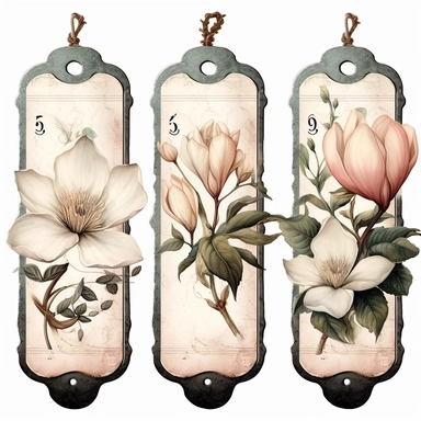 victorian number tags, clipart, isolated, with boquet of magnolia flower and delicate vines