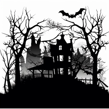 a haunted house, sihouettes of trees, spider webs and black spiders, clipart, cartoon style--q2--v5.1--1000