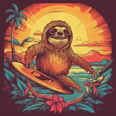 A sunglasses-clad sloth with a Cuban cigar surfing on a Hawaiian wave, eye-catching clipart, sunset colors and silhouettes of surfers in the background, highlighting the sloth's relaxed nature, Clipart, vector illustration using Affinity Designer