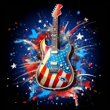 Main subject: Guitar with American flag design on the body Secondary subject: The Liberty Bell ringing in celebration Scenery: Fireworks, American flags, and cheering people Background: Classic black background Additional elements: Red, white, and blue stars and stripes surrounding the subjects Image format: Vector image Art style: Photorealistic, realism, isometric Quality: Highly detailed, clean, professional photography, realistic Resolution: 4K Perspective: Cinematic, front view Additional f