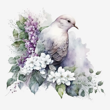 clipart aquarelle watercolor, detailed ans realistic, white background. beautiful flower tribute in white color, white theme, Bouquet for funeral, loss, sorry, with additions like sash ribbon, white dove