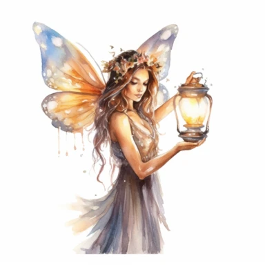female fairy holding a fantasy lamp, watercolor clipart, white background