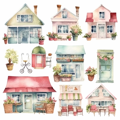 2 watercolor 1950s vintage boutique retro shabby chic clipart, white background, spaced out, hd