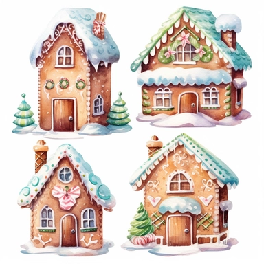 watercolor christmas cookies, watercolor christmas ginger bread, watercolor christmas gingerbread, white icing, watercolor clip art, white background, highly detailed, 8k, clip art, house made of cookies