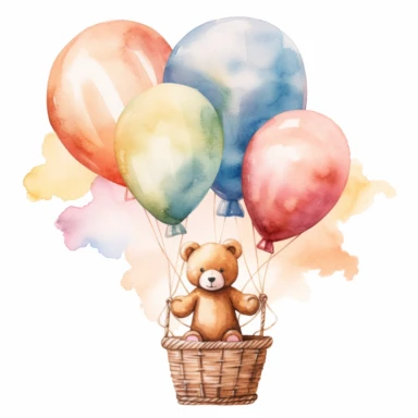 create PNG watercolor clipart. The watercolor clipart should resemble a children’s storybook illustration and show an adorable baby girl teddy bear inside a hot air balloon basket. Tie a bunch of latex balloons to the basket, and show the basket floating up into the sky. Use soft pastel colors