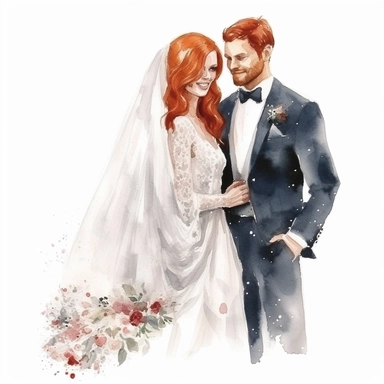 realistically detailed watercolor clipart of a beautiful smiling bride with red hair and with a beautifully detailed glittering couture dress and a long veil and a handsome groom, solid white background, clean sharp focus