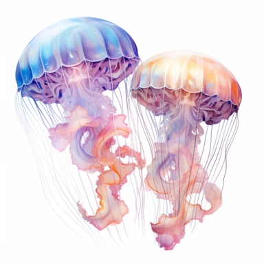 As delicate tendrils of pigment intertwined, the translucent bodies of watercolor jellyfish glowed with an otherworldly radiance, beckoning viewers into their mesmerizing aquatic realm. clipart on white background