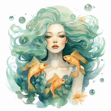 Pisces zodiac sign as fantasy beautiful girl surrounded by two golden Nishiki-goi fish, water, sea green, water theme, water Lily, Watercolor pisces Zodiac Sign Clipart, 8k, detailed white background, uplighted